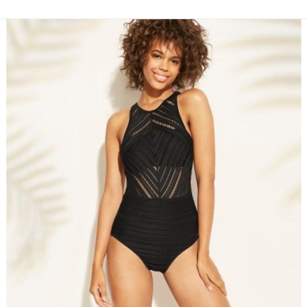 Kona Sol Black High-Neck Crochet One-Piece Swimsuit